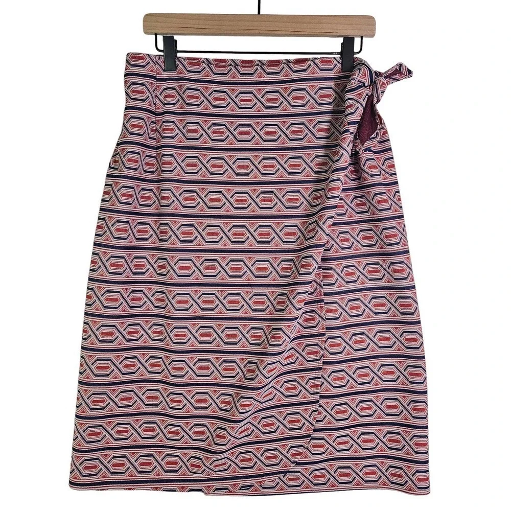 Vintage 70s Wrap Skirt Textured‎ Geometric L? Navy Red Ivory Knee Length Pencil